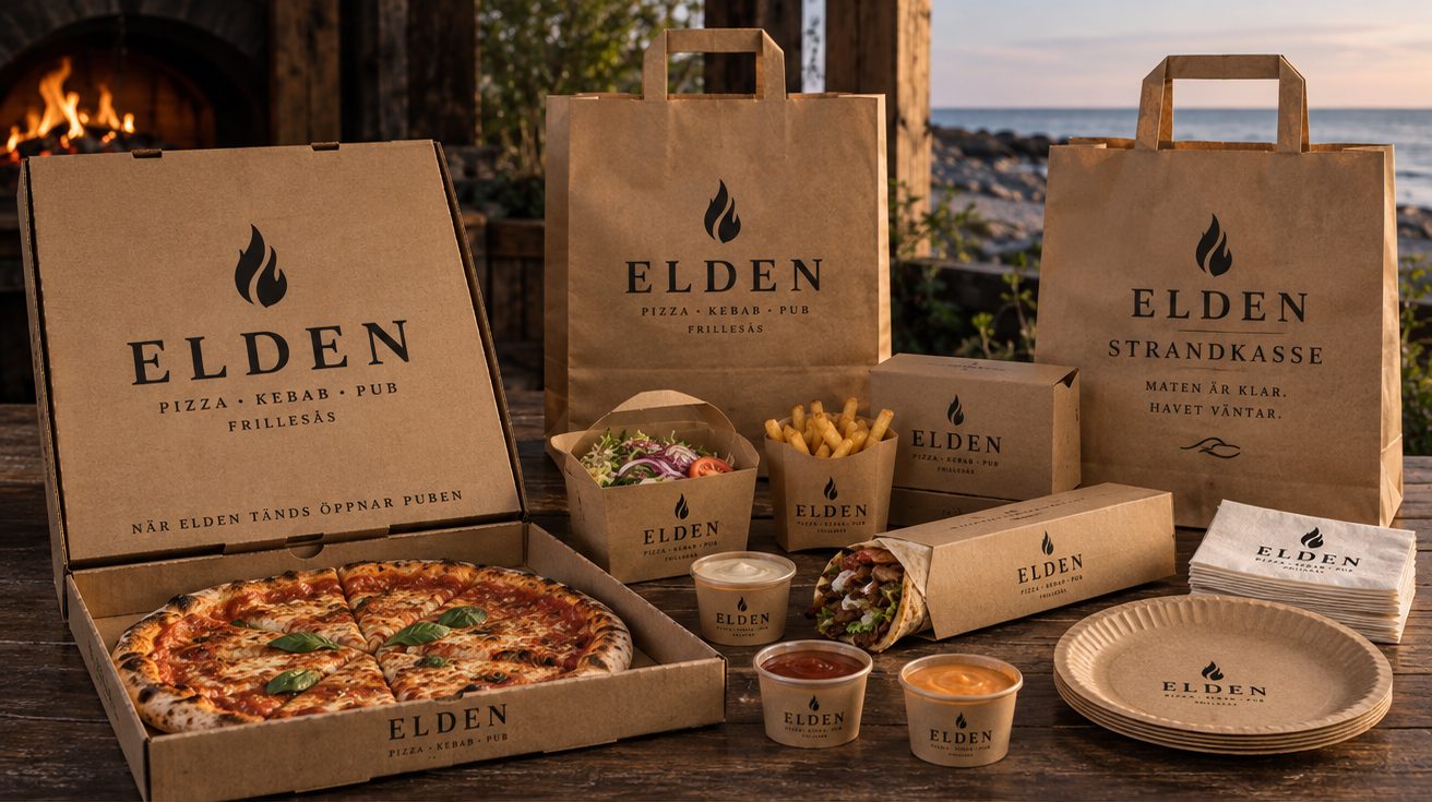 Elden-kartonger med pizza, pommes och kebabrulle på ett träbord