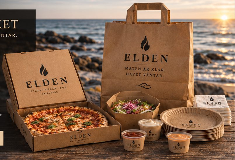 Strandpaket med pizza, pizzasallad, såser och tallrikar i Elden-kasse